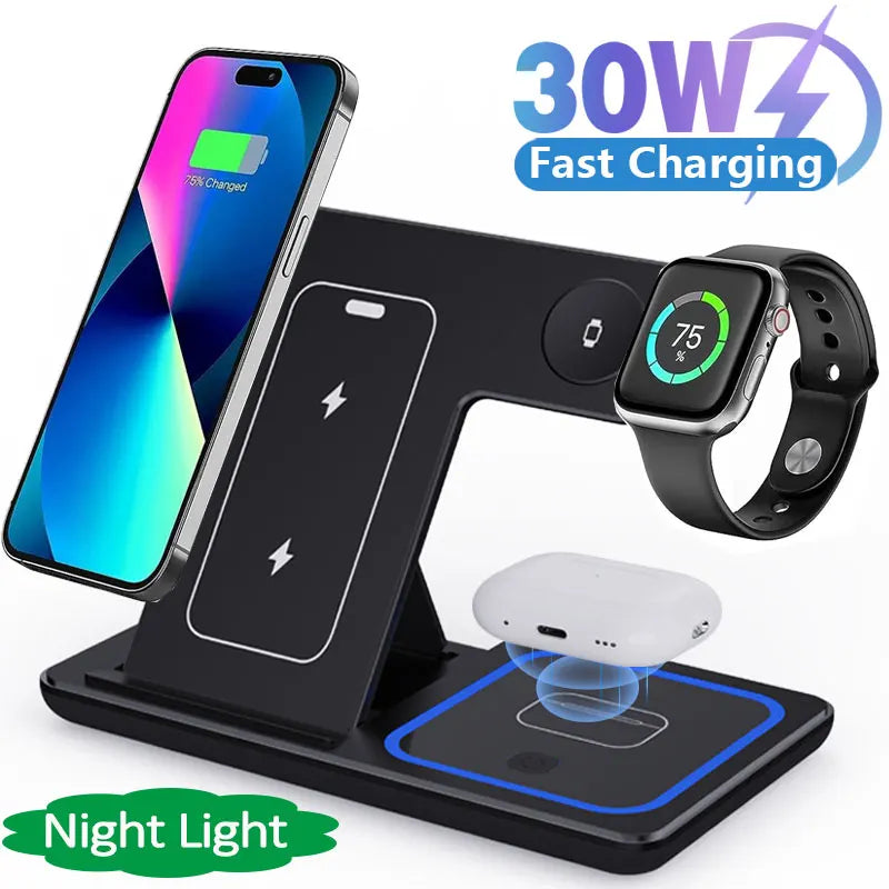 30W LED Fast Wireless Charger Stand 3 in 1 Foldable Charger