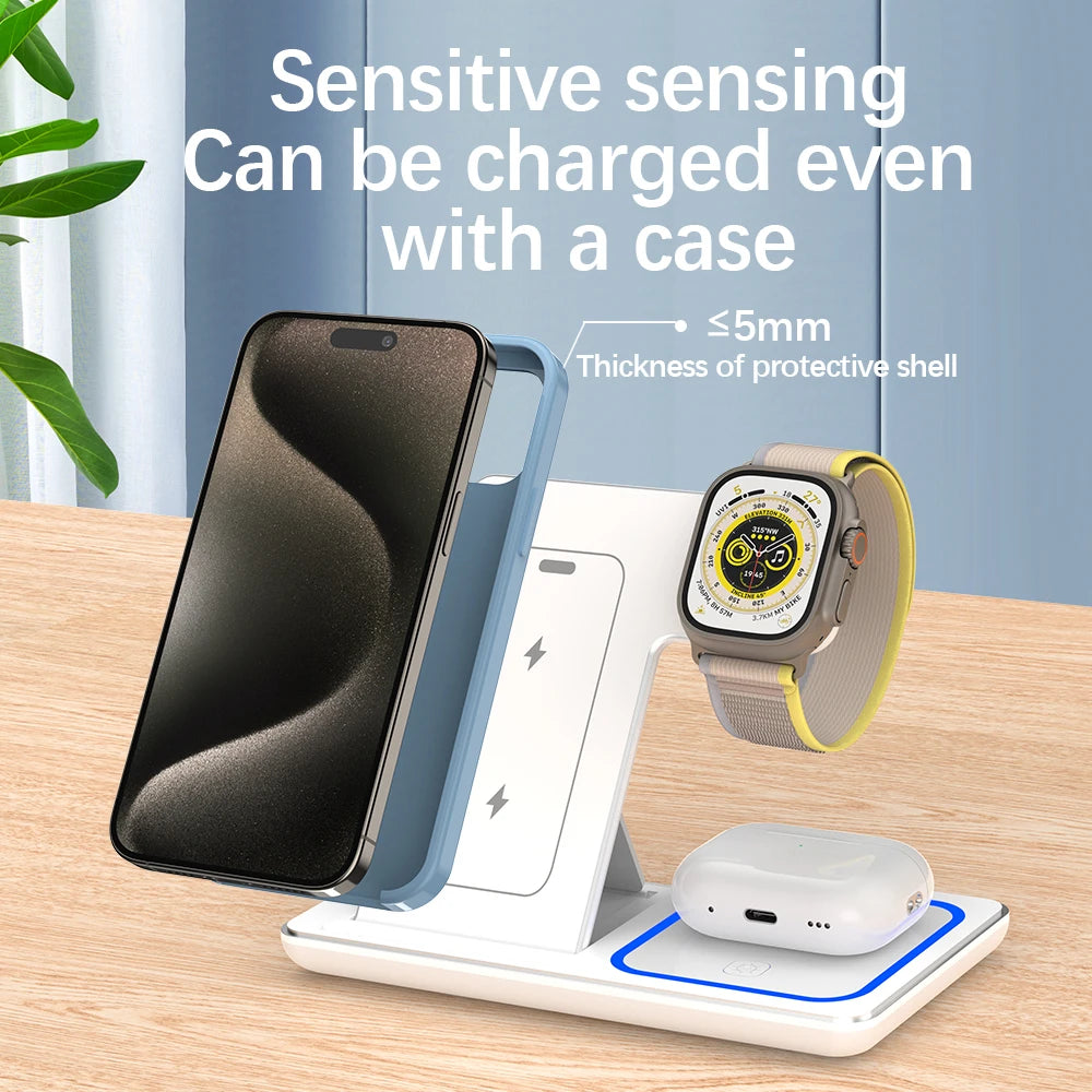 30W LED Fast Wireless Charger Stand 3 in 1 Foldable Charger